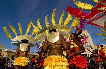 Women in colourful Carnival costume dancing, Mindelo, Sao Vicente, Cape Verde, Africa