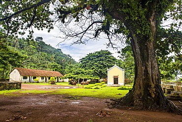 Old plantation Roca with a little chapel, Ilheu das Rolas, Sao Tome and Principe, Atlantic Ocean, Africa