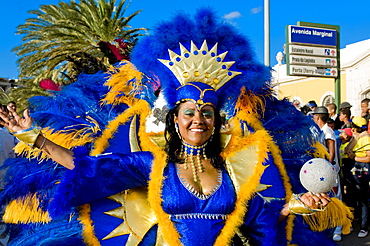 Pretty woman in colourful Carnival costume, Mindelo, Sao Vicente, Cape Verde, Africa