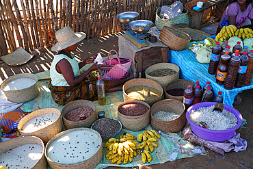 Food stalls in Bekopaka village, Tsingy de Bemaraha National Park, Melaky Region, Western Madagascar, Africa