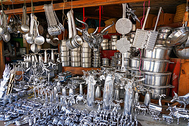 Aluminium pots shop in Ambatolampy, Antsirabe, Central Madagascar, Africa