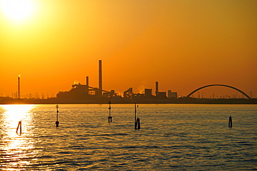 Industrial chemical area of Marghera seen from the ferry, Venice lagoon, Venice, Veneto, Italy, Europe