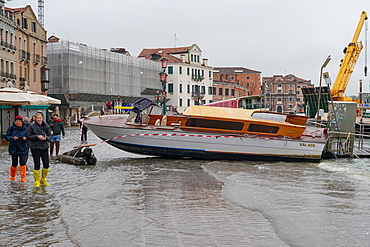 Stranded taxi boat during the high tide in Venice, November 2019, Venice, UNESCO World Heritage Site, Veneto, Italy, Europe