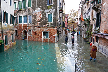 High tide in Venice, November 2019, Campo San Giacomo dell'Orio, Venice, UNESCO World Heritage Site, Veneto, Italy, Europe