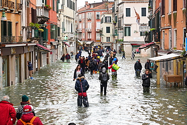 High tide in Venice in November 2019, people walking in Rio Tera San Leonardo, Venice, UNESCO World Heritage Site, Veneto, Italy, Europe