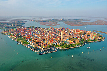 Aerial view of Burano Island with Torcello Island in the background, Venice Lagoon, UNESCO World Heritage Site, Veneto, Italy, Europe