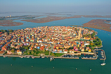 Aerial view of Burano Island, Venice Lagoon, UNESCO World Heritage Site, Veneto, Italy, Europe