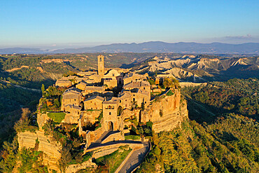 Aerial view by drone of Civita di Bagnoregio village, known as the dying city, Viterbo province, Lazio, Italy, Europe