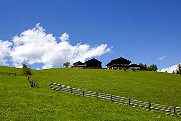 Pasture and farm houses in Nova Ponente village, Bolzano province, South Tyrol, Italy, Europe