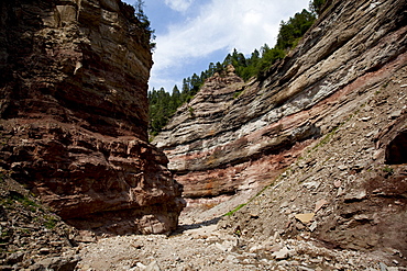 Geoparc Bletterbach, big gorge dug in the rock, in Aldein, Bolzano province, South Tyrol, Italy, Europe