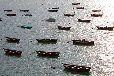 Moored boats at sunset, Santa Croce Lake, Belluno, Veneto, Italy, Europe