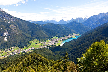 Auronzo village and lake in the Belluno Dolomites, Italy, Europe