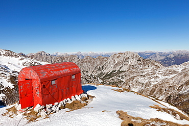 The winter shelter on Laste saddle, near Semenza refuge, Alpago, Belluno, Dolomites, Italian Alps, Italy, Europe 