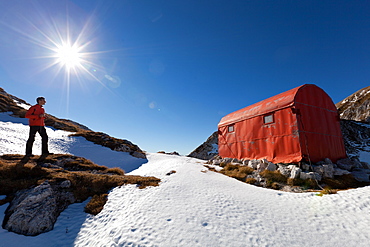 The winter shelter on Laste saddle, near Semenza refuge, Alpago, Belluno, Veneto, Italy, Europe