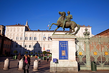 Pollux statue and the Royal Palace of Turin (Palazzo Reale), Turin, Piedmont, Italy, Europe 