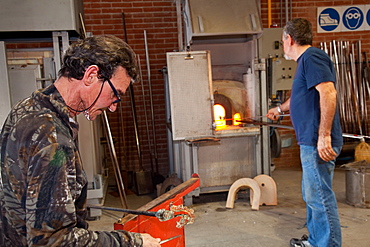 Master glassmaker making chessboard pieces, Murano island, Venice, Veneto, Italy, Europe