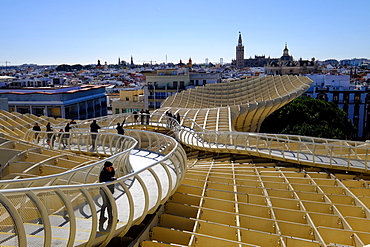 View of city from the top of Metropol Parasol, known as Setas de Sevilla (The Mushrooms), Seville, Andalucia, Spain, Europe