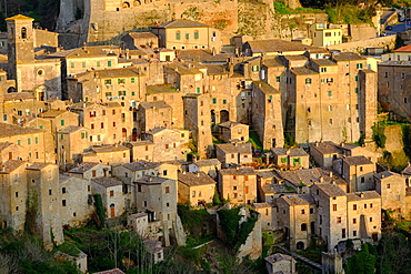 View of Sorano seen from Etruscan rock settlement of San Rocco, Maremma, Grosseto, Tuscany, Italy, Europe