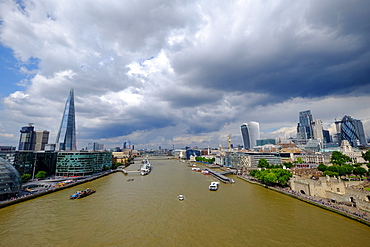 View of London and River Thames from Tower Bridge, London, England, United Kingdom, Europe