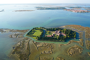 View of San Francesco del Deserto island from the helicopter, Venice Lagoon, UNESCO World Heritage Site, Veneto, Italy, Europe