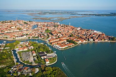 View of Murano island from the helicopter, Venice Lagoon, UNESCO World Heritage Site, Veneto, Italy, Europe