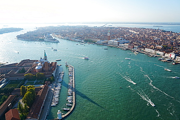 View of Venice and San Giorgio island from the helicopter, Venice Lagoon, UNESCO World Heritage Site, Veneto, Italy, Europe