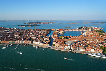 View of the Arsenale of Venice from the helicopter, Venice Lagoon, UNESCO World Heritage Site, Veneto, Italy, Europe