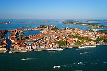 View of the Arsenale of Venice from the helicopter, Venice Lagoon, UNESCO World Heritage Site, Veneto, Italy, Europe