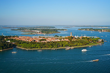 View of Sant'Elena island from the helicopter, Venice Lagoon, UNESCO World Heritage Site, Veneto, Italy, Europe