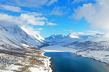 Drone view of Nordlenangen, Lyngen peninsula, Troms County, Norway, Scandinavia, Europe