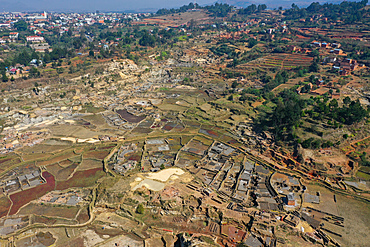 Brick making on the rice fields on the National Route RN7 between Antsirabe and Antananarivo, Ambatotapaka, Madagascar, Africa