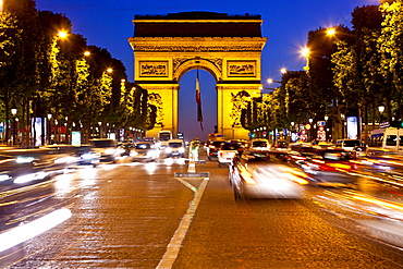 Arc de Triomphe and Champs-Elysees at night, Paris, France, Europe