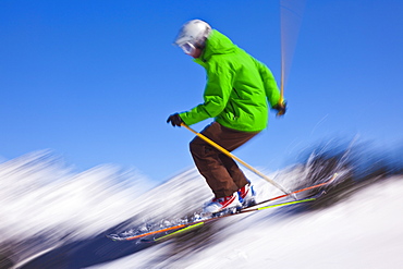 Skier flying off a ramp, Whistler Mountain, Whistler Blackcomb Ski Resort, Whistler, British Columbia, Canada, North America