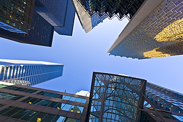 Low angle view of skyscrapers, Bay Street, Toronto, Ontario, Canada, North America