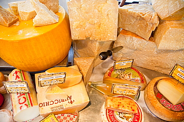 Varous kinds of cheese for sale at street market, Bastille, Paris, France, Europe