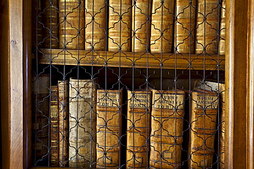 Close-up of books in the Rococo style Abbey Library, containing the oldest library collection in the country, St. Gallen, Switzerland, Europe