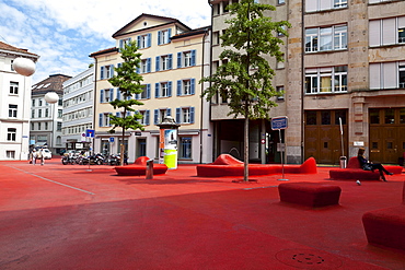 Stadtlounge (City Lounge) by artist Pipilotti Rist and the Carlos Martinez architectural firm, featuring a red polymer surface resembling a carpet that covers everything in its path, with blimp shaped lights, St. Gallen, Switzerland, Europe