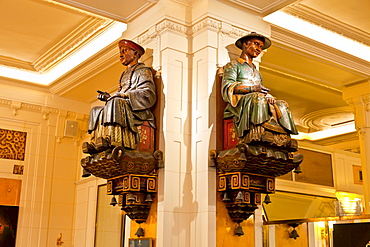 The two statues that gave Les Deux Magots Cafe its name, Saint-Germain-des-Pres, Left Bank, Paris, France, Europe