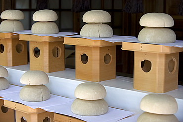 Offerings of kagami-mochi (mirror rice cakes) at the Meiji Jingu shrine in Tokyo, Japan, Asia