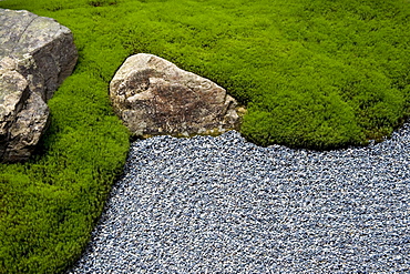 Carefully manicured moss highlights a rock garden at Sanzenin Temple in Ohara, Kyoto, Japan, Asia