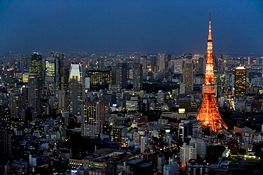 Aerial view of metropolitan Tokyo and Tokyo Tower from atop the Mori Tower at Roppongi Hills, Tokyo, Japan, Asia