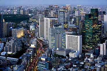 Aerial view of metropolitan Tokyo at dusk from atop the Mori Tower at Roppongi Hills, Tokyo, Japan, Asia