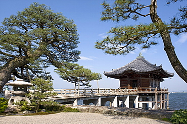 Picturesque Ukimido Temple pagoda resting on stilts above Lake Biwa in Otsu, Shiga Prefecture, Japan, Asia