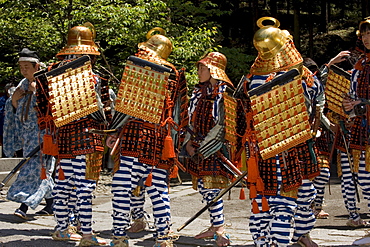 Samurai warriors wearing costumes while participating in the Shunki Reitaisai festival in Nikko, Tochigi, Japan, Asia