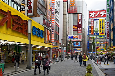 Neon signs cover buildings in the world famous consumer electronics district of Akihabara, Tokyo, Japan, Asia