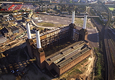 Aerial image of Battersea Power Station, an unused coal-fired power station on the south bank of the River Thames, Battersea, London, England, United Kingdom, Europe