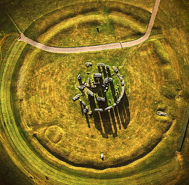 Aerial image of Stonehenge, prehistoric monument and stone circle, UNESCO World Heritage Site, Salisbury Plain, Wiltshire, England, United Kingdom, Europe