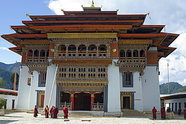 Monks at a monastery in Phobjika Valley, Bhutan, Asia