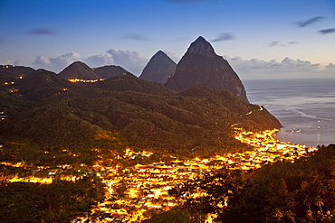 The Pitons and Soufriere at night, St. Lucia, Windward Islands, West Indies, Caribbean, Central America