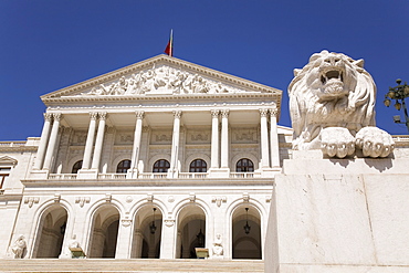 A lion statue guards the Palace of Sao Bento, built in 1834, the seat of the Portuguese Parliament, in Lisbon, Portugal, Europe